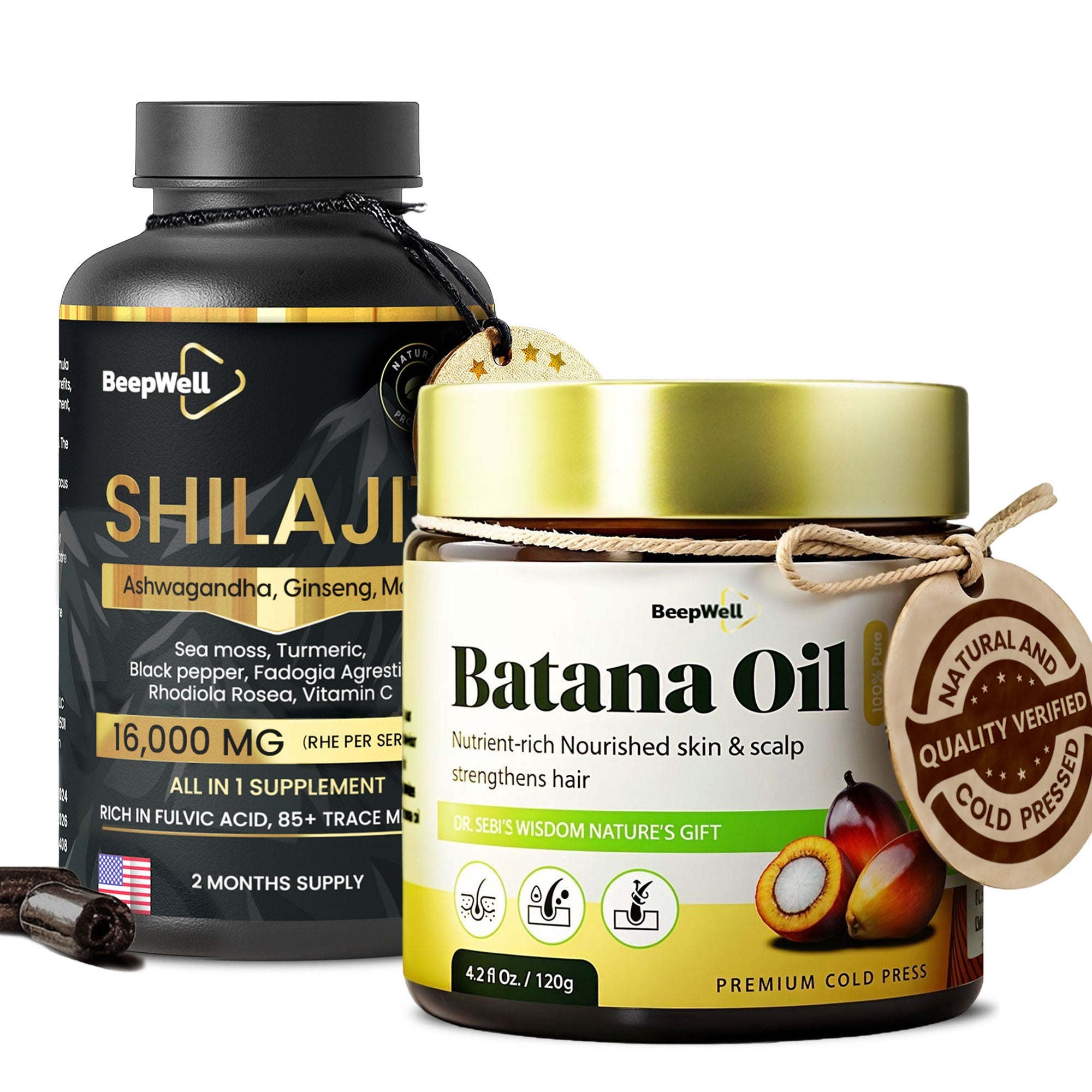 BeepWell Shilajit Capsules + Batana Oil Combo – Hair & Wellness Support – 60 Capsules + 4.2 fl oz Unrefined Oil